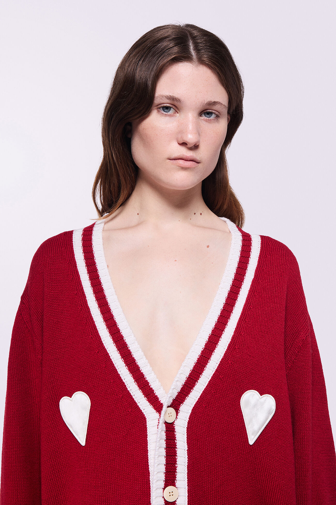 Unisex Heart Patch Knit Cardigan Red
